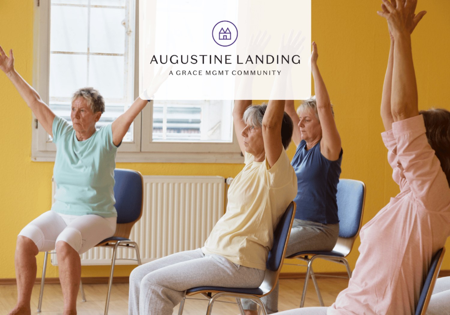 Group of seniors doing seated arm stretches in a bright yellow room, with Augustine Landing logo overlaid at the top center.