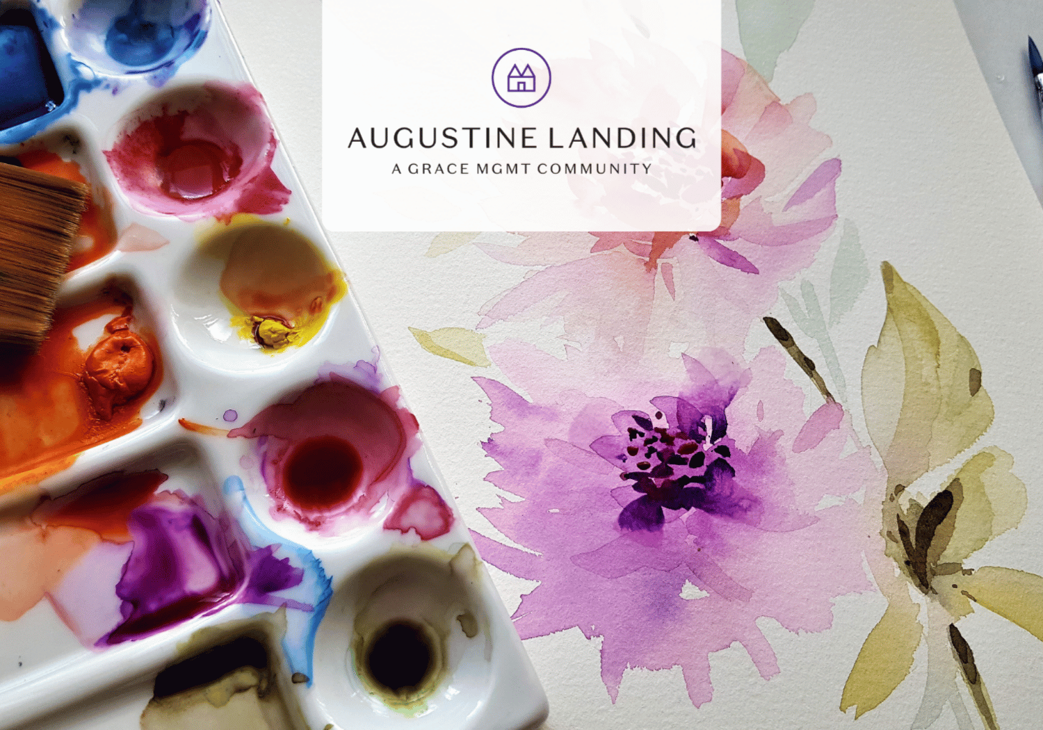 Watercolor palette with a brush and a pastel flower painting, featuring a centered white logo that reads 'AUGUSTINE LANDING'.