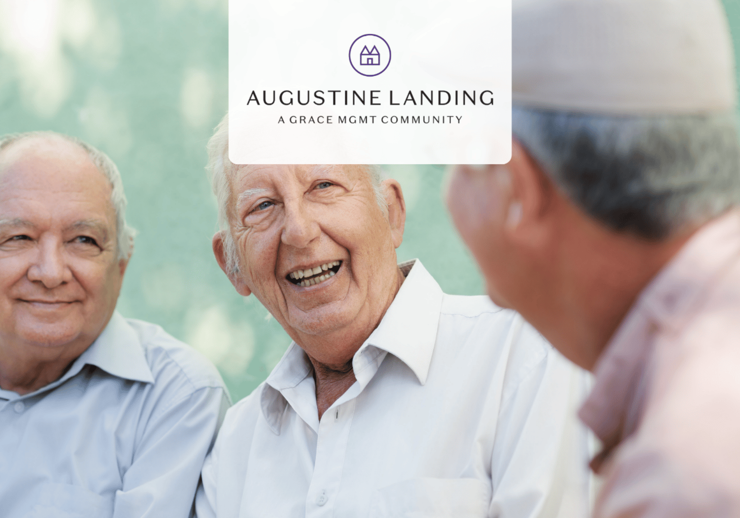 Senior men smiling and chatting outdoors, with Augustine Landing logo overlay at the top center.