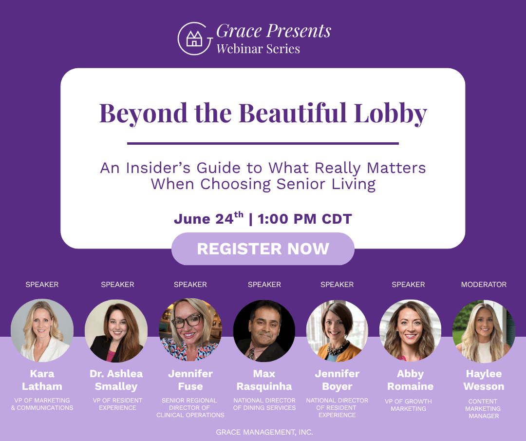 Poster for Grace Presents webinar 'Beyond the Beautiful Lobby' with date, time, and a Register Now button.