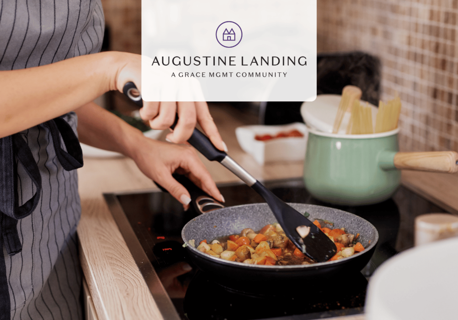 Person stirring a vegetable skillet on a stove with a translucent centered logo reading Augustine Landing.