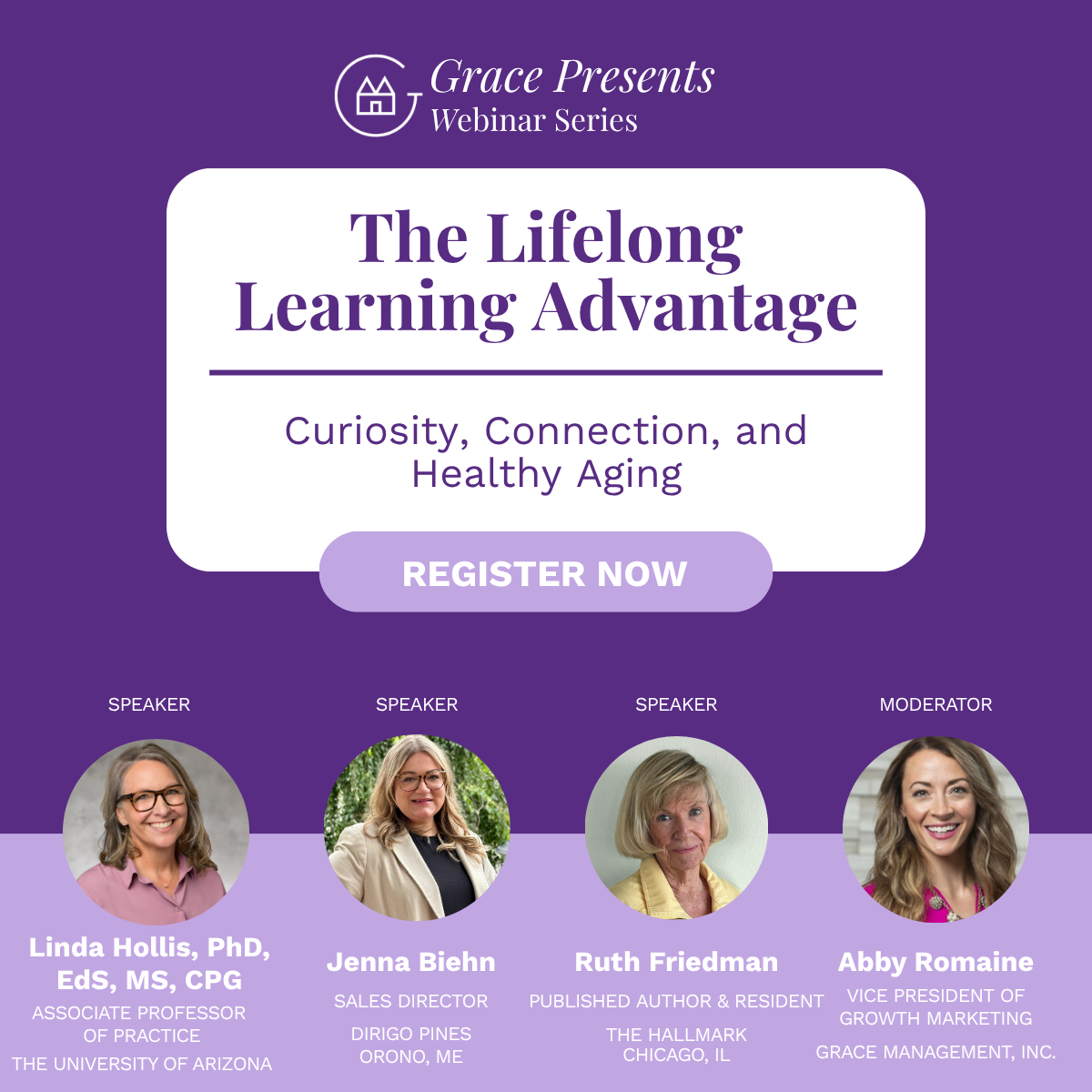Grace Presents Webinar poster: The Lifelong Learning Advantage with a Register Now button and four speaker headshots.